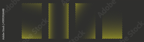 Halftone gradient dot pattern set for modern design backgrounds and print effects. Abstract circle and square panels with fade, mesh, and noise textures in vibrant colors. Editable vector textures for