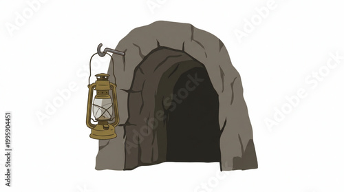 Vintage metal oil lantern hanging by a stone mine entrance