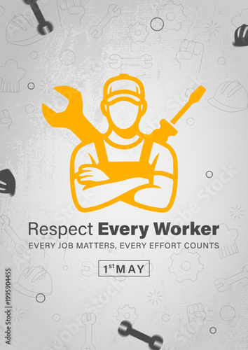 International workers day poster with laborer icon, Labor day greeting card with yellow worker avatar, May day celebration banner for every worker, Industrial worker appreciation graphic for 1st may