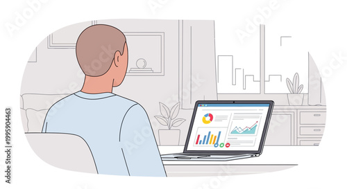 Man working on laptop with financial charts and graphs at home office desk