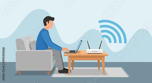 Man working on laptop with WiFi router and signal waves at home
