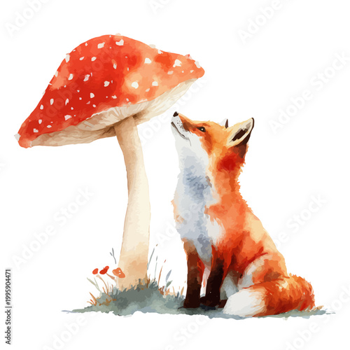 Watercolor fox gazing at red mushroom in nature scene
