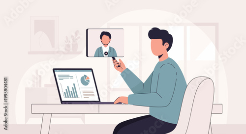 Man working remotely on laptop, video call with colleague, home office setup