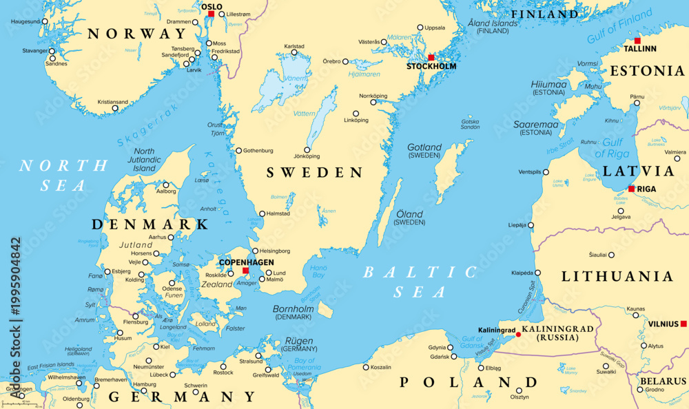 Obraz premium Danish straits and southern Baltic Sea, political map. Belts and sounds in Denmark connecting the Baltic Sea through Kattegat and Skagerrak to North Sea, regarded as international waterways. Vector