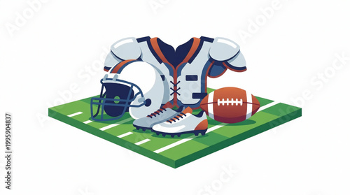 American football gear equipment on stadium field