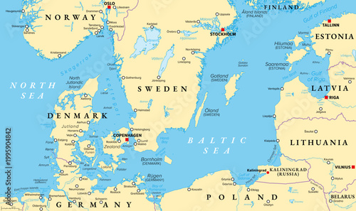 Danish straits and southern Baltic Sea, political map. Belts and sounds in Denmark connecting the Baltic Sea through Kattegat and Skagerrak to North Sea, regarded as international waterways. Vector