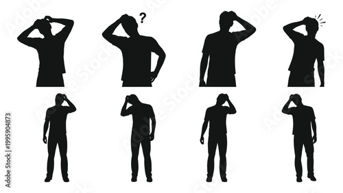 Konstfotografi Silhouettes depicting a man expressing frustration confusion and despair with ha