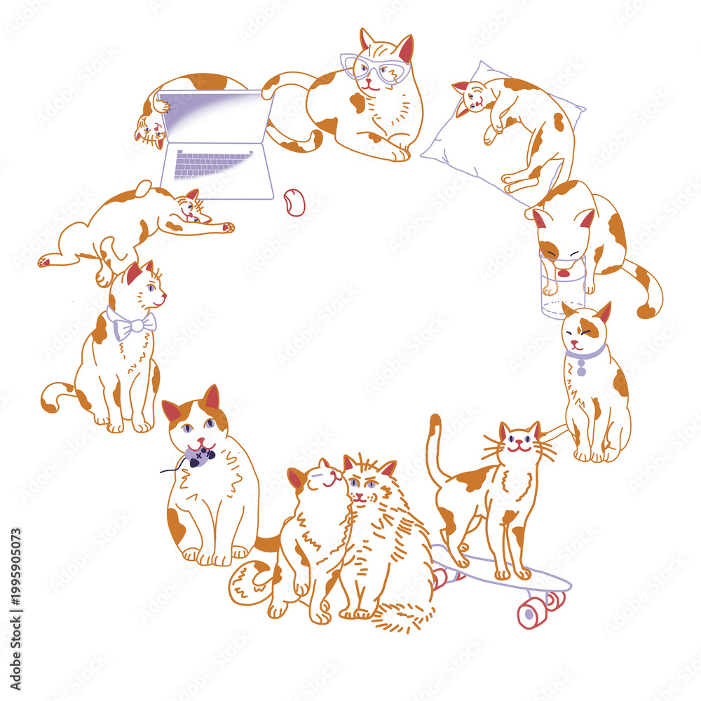 Fototapeta premium Cats round wreath frame composition Digital illustration Cartoon flat illustration isolated on white background Lovely kitten Graphic element for design and website