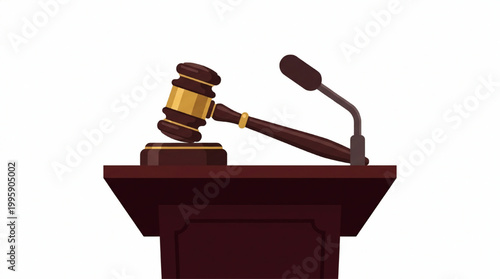 Wooden judge gavel and microphone on a podium