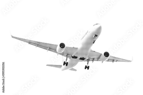Airplane front view halftone illustration on black background