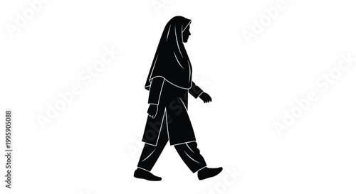 Silhouette of a Muslim woman wearing a hijab and traditional clothing walking