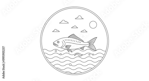 Minimalist outline illustration of a fish swimming in water with clouds and sun