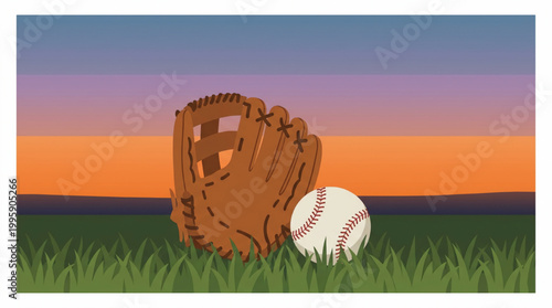 Baseball equipment on grass field at sunset