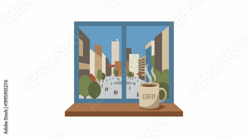 Coffee mug on window sill overlooking city