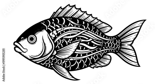 Ornate Fish Illustration - Black and White Design