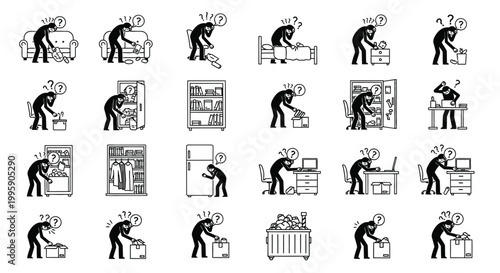 Person searching for lost items in various locations and feeling confused and frustrated