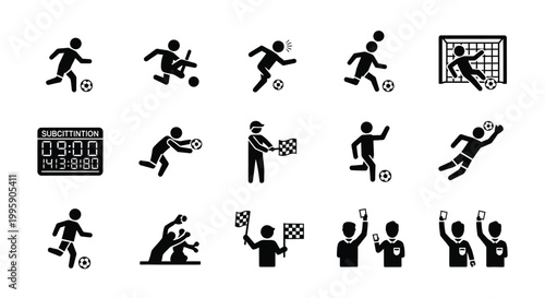 Collection of monochrome icons depicting various actions and figures from a soccer game including players and officials