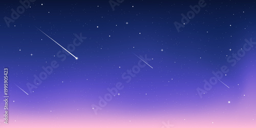 Starry night sparkle sky space background vector illustration. Dark universe astronomic night sky with stars and comets in outer space, Milky Way magic starlight bright wallpaper.