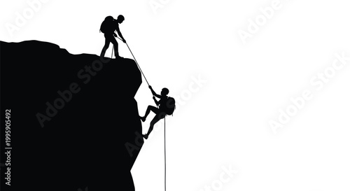 Two climbers helping each other ascend a steep mountain cliff face with ropes and climbing gear