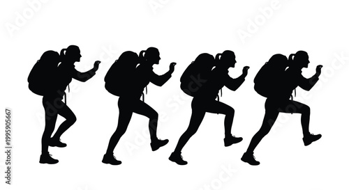 Silhouette of women hiking uphill with large backpacks in a repeating pattern