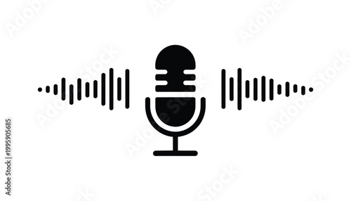 Microphone icon vector illustration with sound waves for audio recording, voice recognition, speech, and podcast communication symbol design