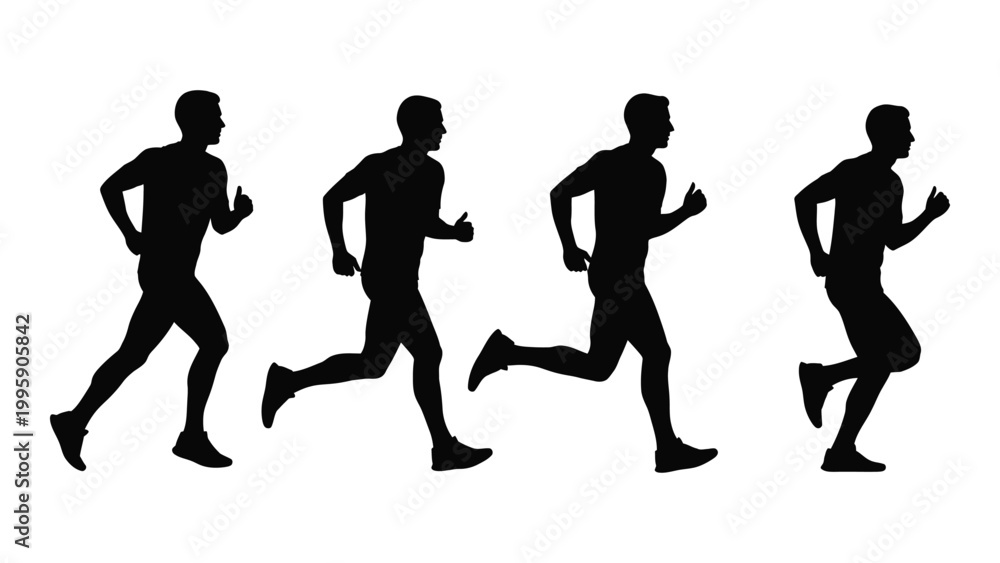 Fototapeta premium Four silhouetted figures are depicted running showcasing dynamic movement and athletic form