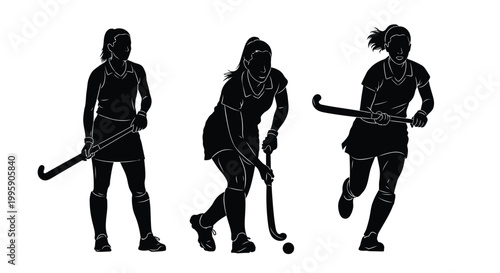 Three female field hockey players in silhouette demonstrating different poses during a game