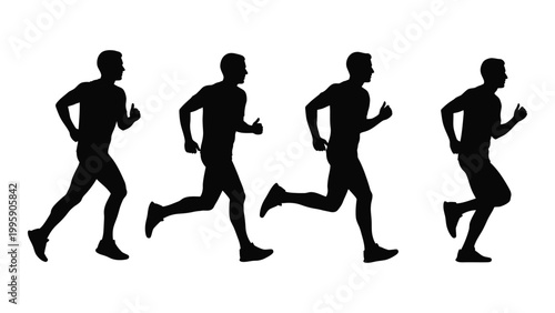 Four silhouetted figures are depicted running showcasing dynamic movement and athletic form
