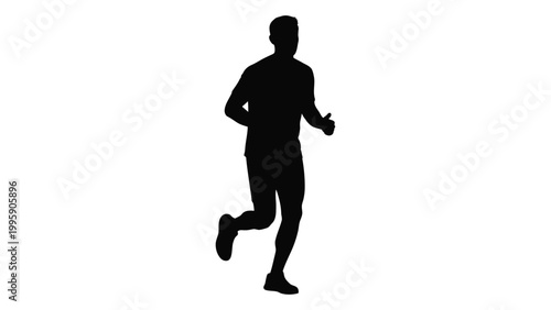 Silhouette of a man running depicted in a stark black and white image against a white background