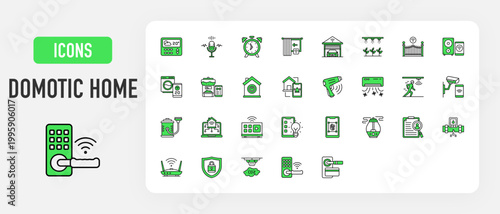 Domotic Home icon. Leak Detector, Security, Electric Fence, Infrared Sensor, Motion Sensor, Thermostat, Identification, Smoke Detector, Smart House, Notification, Air Conditioner, Cctv vector. 