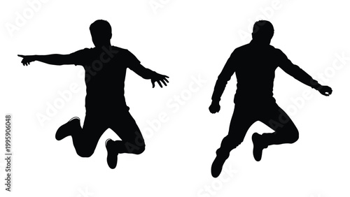 Two silhouetted figures jumping mid air exhibiting dynamic poses and energetic movement
