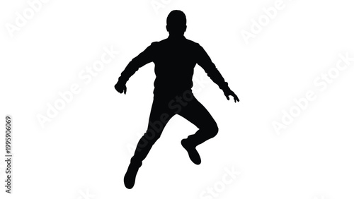 A silhouetted figure of a man dynamically leaping forward against a white background