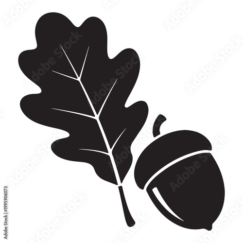 Black silhouette of an oak leaf and an acorn with oak tree