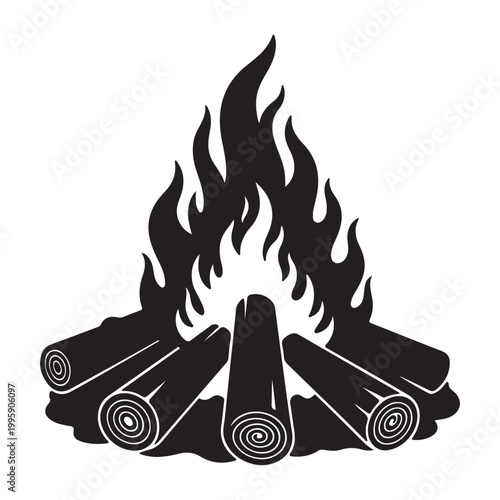 Bonfire with burning logs and flames, black and white