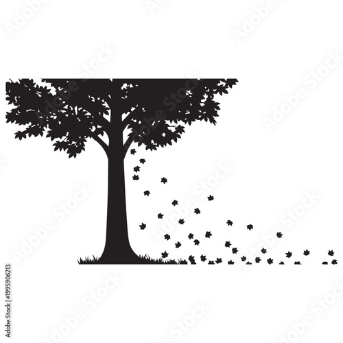 Silhouette of a tree with falling autumn leaves, leaf fall
