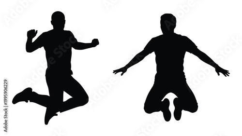 Two silhouetted figures are captured mid air appearing to jump with outstretched limbs
