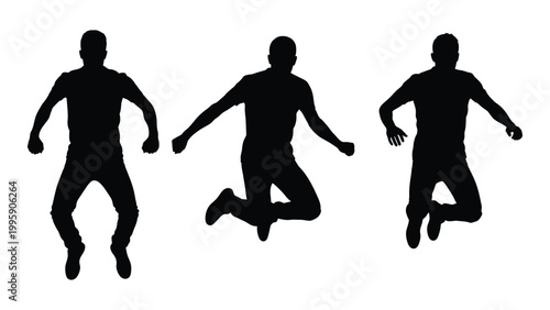 Three silhouettes of men jumping captured in a dynamic and energetic pose against a white background