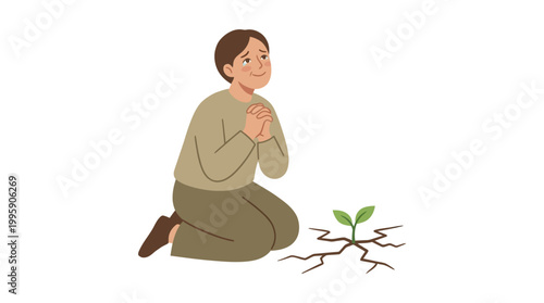 A person kneels with clasped hands, looking hopefully at a small green sprout emerging from cracked, dry ground, symbolizing resilience and new life.
