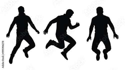 Three silhouetted figures are dynamically jumping against a stark white background