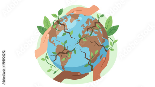 Diverse hands nurturing a cracked Earth with green leaves, symbolizing global environmental protection and unity.