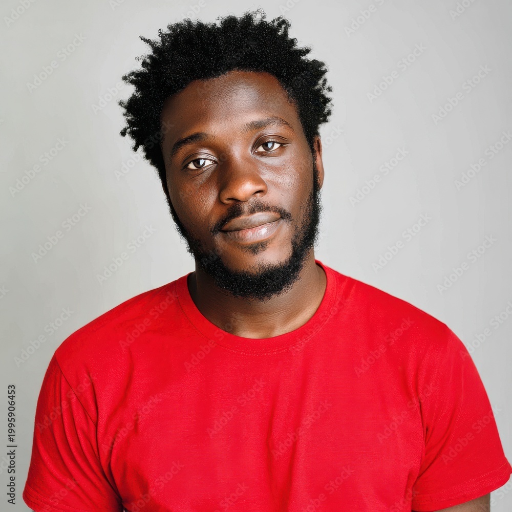 Obraz premium Confident Ghanaian man in a bright red shirt with a calm demeanor