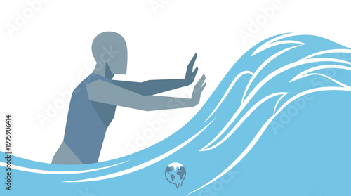 Stylized illustration of a person pushing against a powerful blue wave, symbolizing resistance to overwhelming forces or environmental challenges.