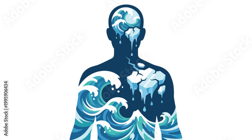 A silhouette of a human body filled with dynamic blue ocean waves and melting ice, representing internal states or environmental connection.