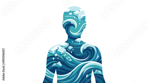 Abstract illustration of a human silhouette filled with dynamic blue ocean waves and melting ice, symbolizing the connection between humanity and water.