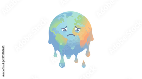A sad, melting Earth cartoon illustration symbolizing global warming and climate change.
