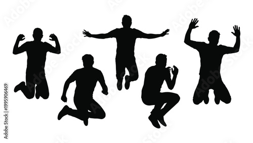 Silhouettes of five people jumping in the air with arms outstretched