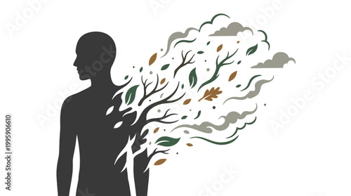Human silhouette dissolving into a vibrant array of autumn leaves, branches, and smoky elements, symbolizing nature's influence and transformation.