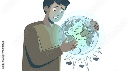 Concerned man holding a glowing globe with storm clouds, symbolizing global environmental issues and climate change.