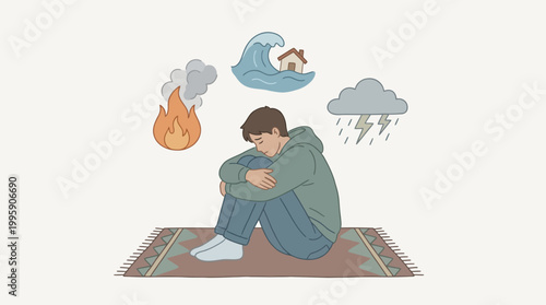 A man sits distressed on a rug, surrounded by icons of natural disasters like fire, flood, and storm, symbolizing anxiety and fear.