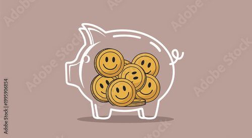 A transparent piggy bank overflowing with golden coins featuring happy smiley faces